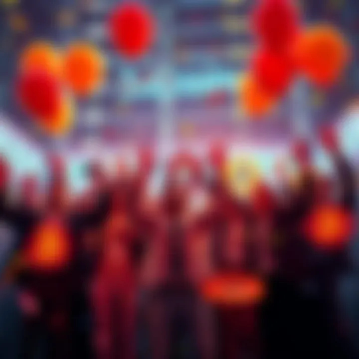 A group of traders celebrating Bitcoin reaching $1, with balloons and confetti in the air