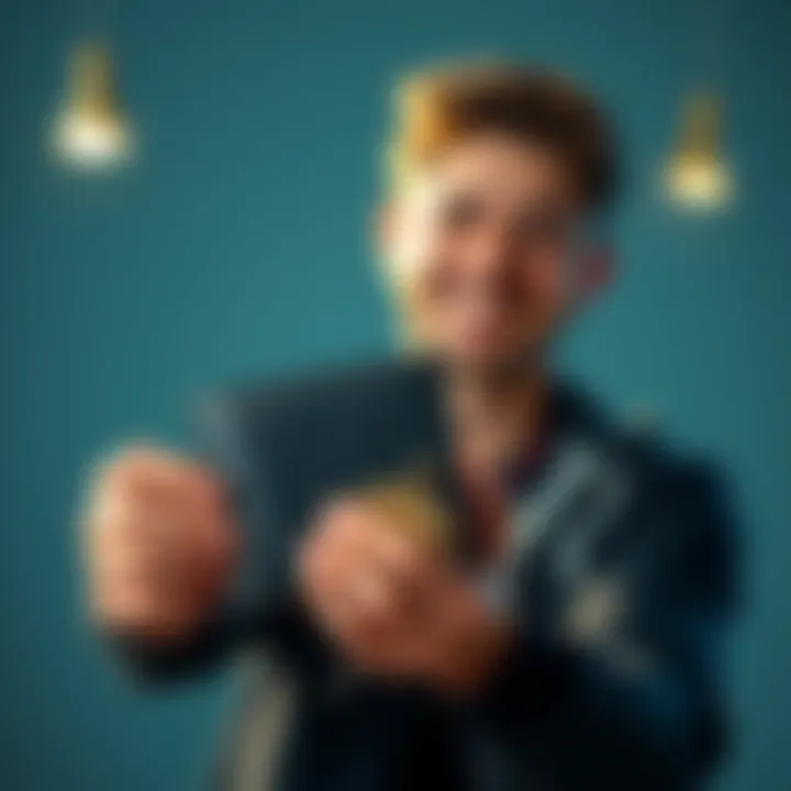 A person smiling while holding a hard wallet with Bitcoin logo, symbolizing the achievement of owning Bitcoin.