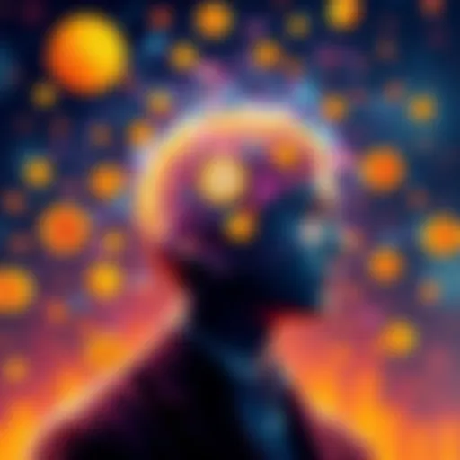 Bitcoin and Mind Expansion A person contemplating with Bitcoin symbols and digital assets around them, representing the connection between cryptocurrency and personal identity.