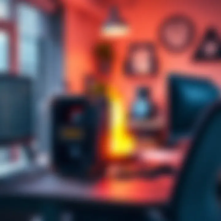 A Bitcoin miner unit sitting on a desk, producing heat while connected to a computer, with a cozy office setting around it.
