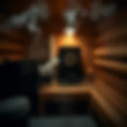 A Bitcoin miner placed inside a cozy home sauna, with steam rising around it, providing warmth