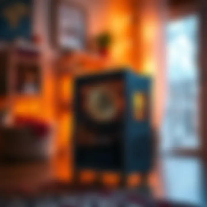 Bitcoin miner space heater A Bitcoin miner that also functions as a space heater, shown in a cozy indoor setting with warm lighting.