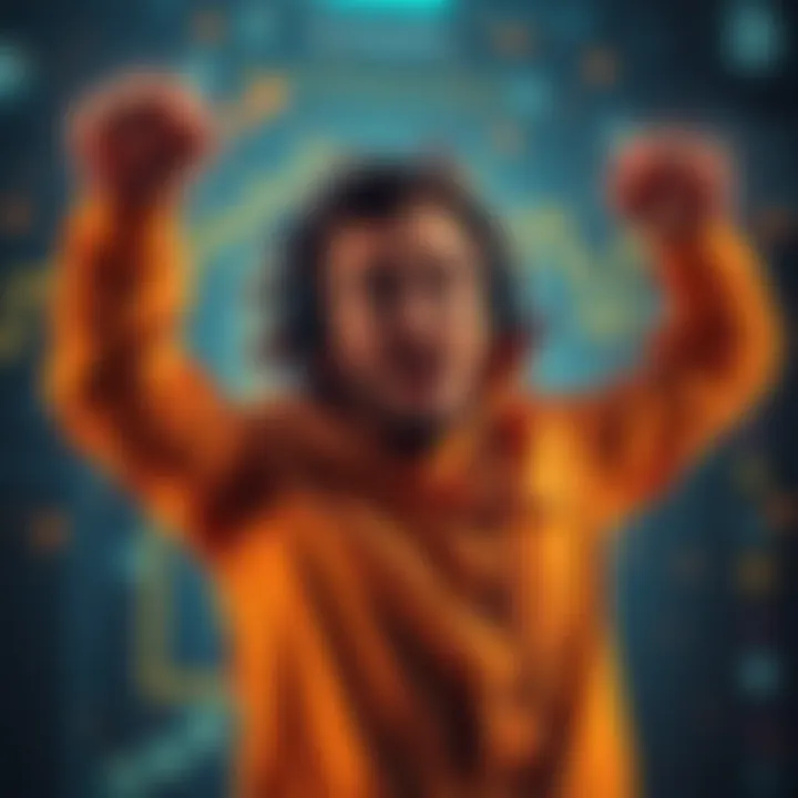 Bitcoin miner celebrating success A solo Bitcoin miner celebrating after turning a small investment into a large profit, with cryptocurrency graphics in the background.