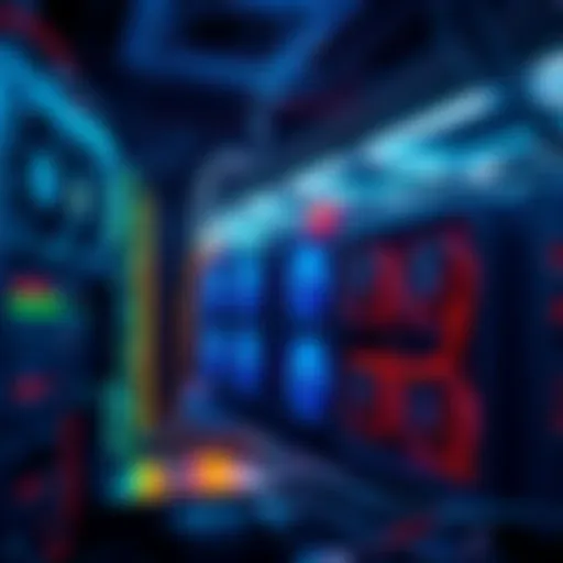 A setup of bitcoin mining equipment with glowing lights and fans, showcasing various mining rigs.