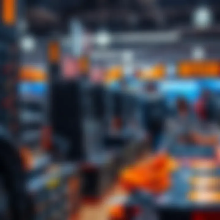 A display of various Bitcoin mining hardware for sale in a store with people shopping