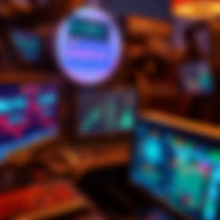 A mining rig setup showing multiple computers working on Bitcoin mining with data charts on a screen illustrating real-time competition and costs.