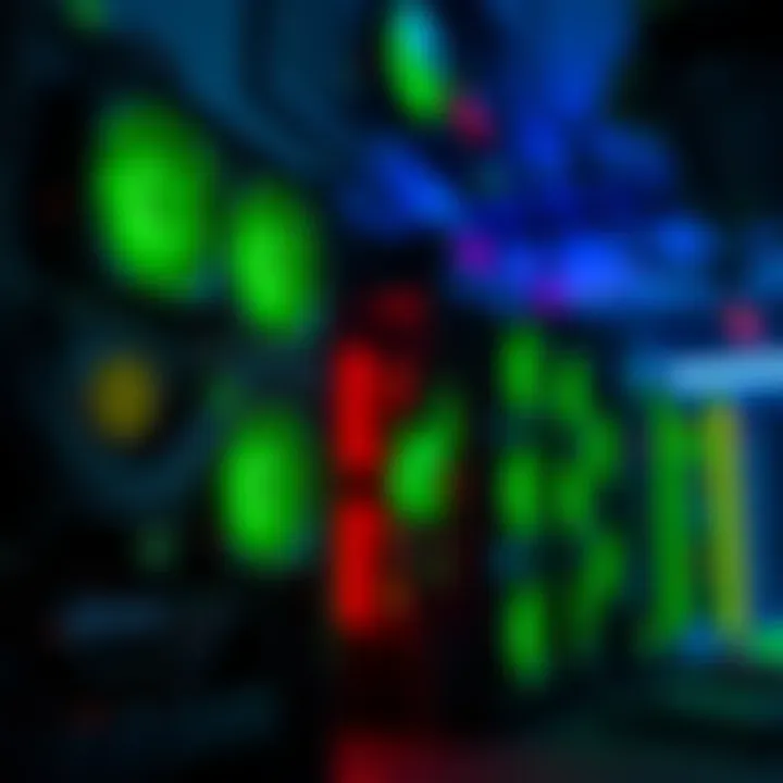 A close-up of Bitcoin mining rigs with green lights and cooling fans, surrounded by computer parts in a dimly lit room.