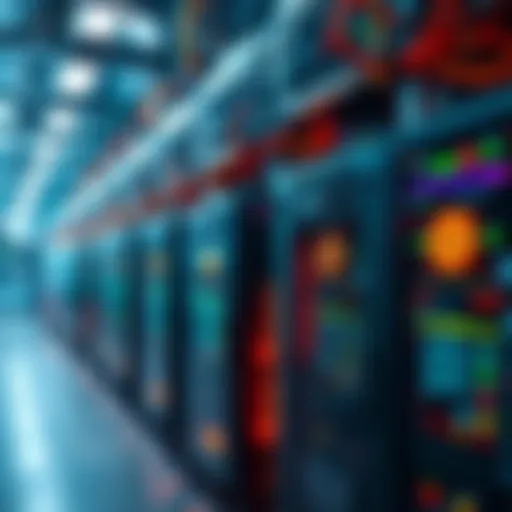 A group of powerful computers working in a cryptocurrency mining facility, showcasing the importance of Bitcoin mining profitability.