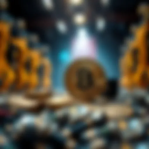 A graphic showing the Bitcoin mining process with decreasing rewards and a 21 million cap in the background.