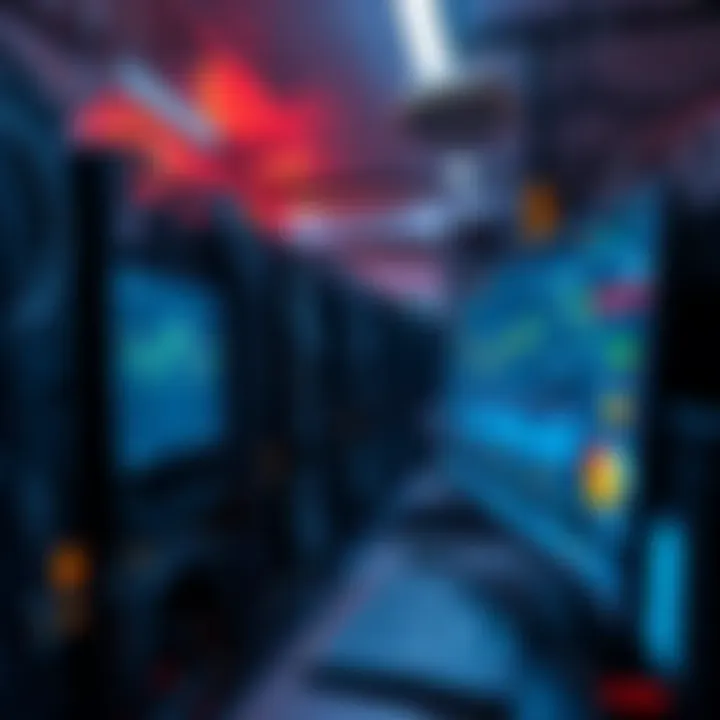 A visual representation of Bitcoin mining showing a computer setup with mining rigs and data charts, illustrating the shift from solo mining to pool mining.