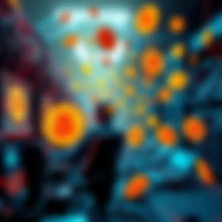 A digital representation of Bitcoin mining with miners working on computers and Bitcoin icons floating around.