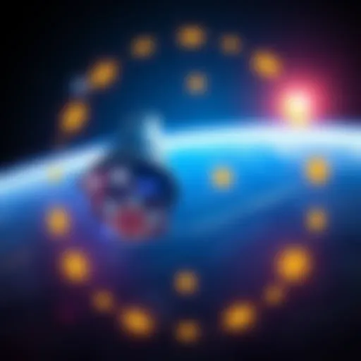 A futuristic spacecraft equipped with mining equipment orbiting Earth, with glowing Bitcoin symbols surrounding it