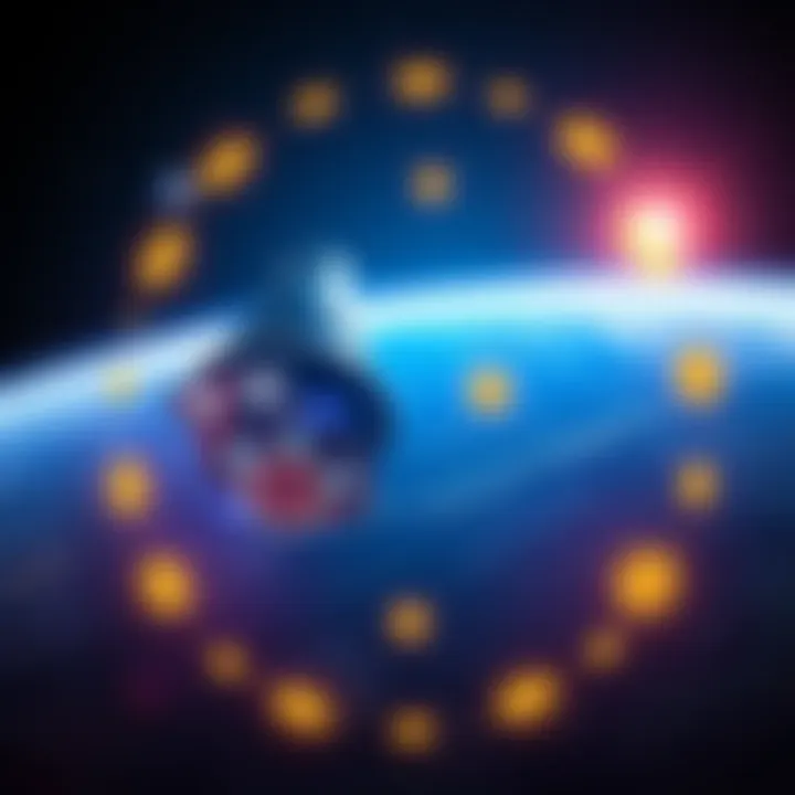 A futuristic spacecraft equipped with mining equipment orbiting Earth, with glowing Bitcoin symbols surrounding it