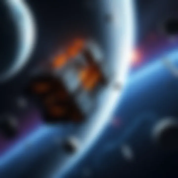 A futuristic orbital data center equipped with mining rigs floating in space, surrounded by stars and planets.