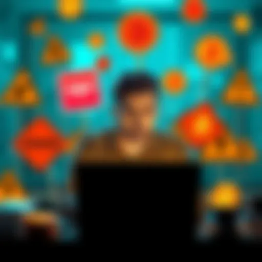 A person looking concerned while checking Bitcoin on a laptop, surrounded by warning signs about common mistakes.