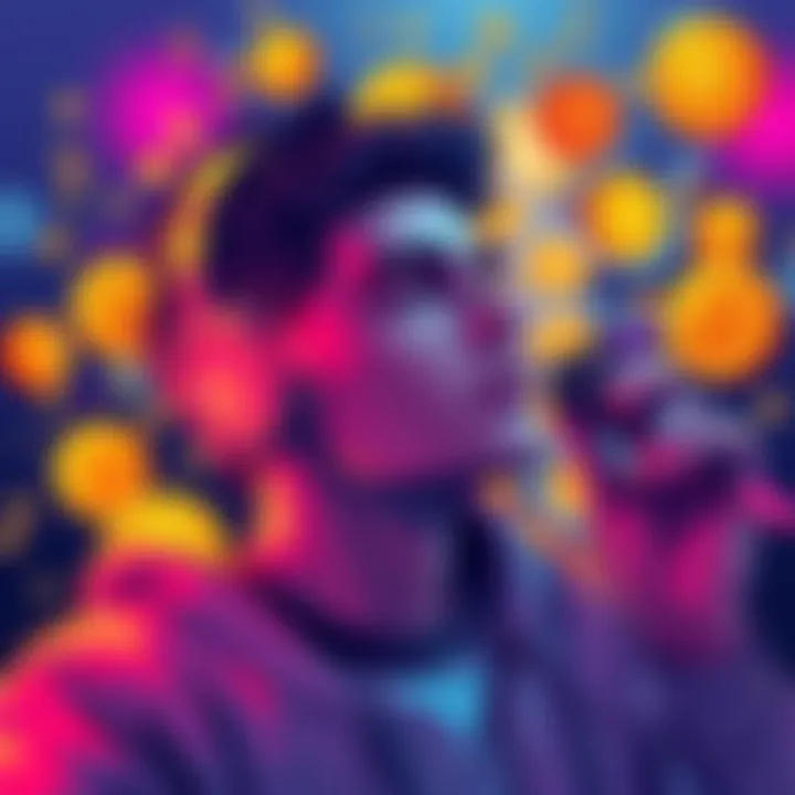 A vibrant illustration showing a person listening to music with bitcoin symbols around, representing emotions connected to cryptocurrency.