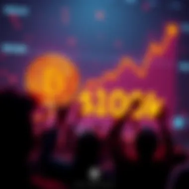 A digital representation of Bitcoin's price approaching $100,000, with a graph showing an upward trend and excited investors in the background.