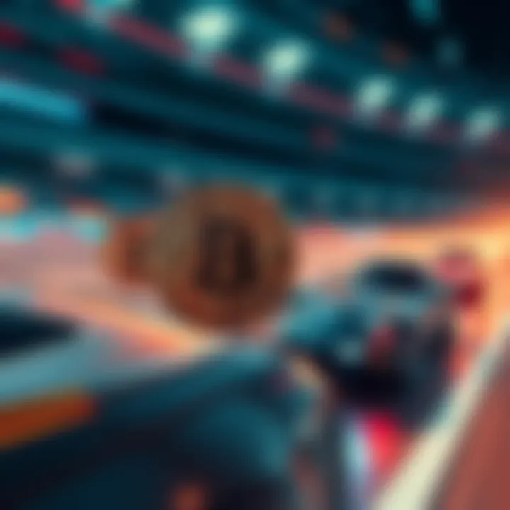 A representation of Bitcoin struggling to keep up with new cryptocurrencies in a fast-paced race, symbolizing innovation versus tradition.