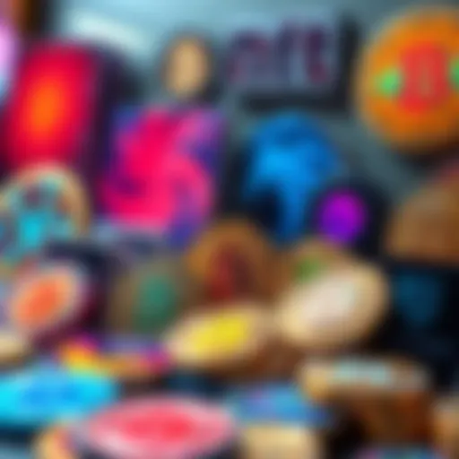 A display of various Bitcoin NFTs featuring colorful digital art, showcasing unique designs and styles, appealing to collectors.