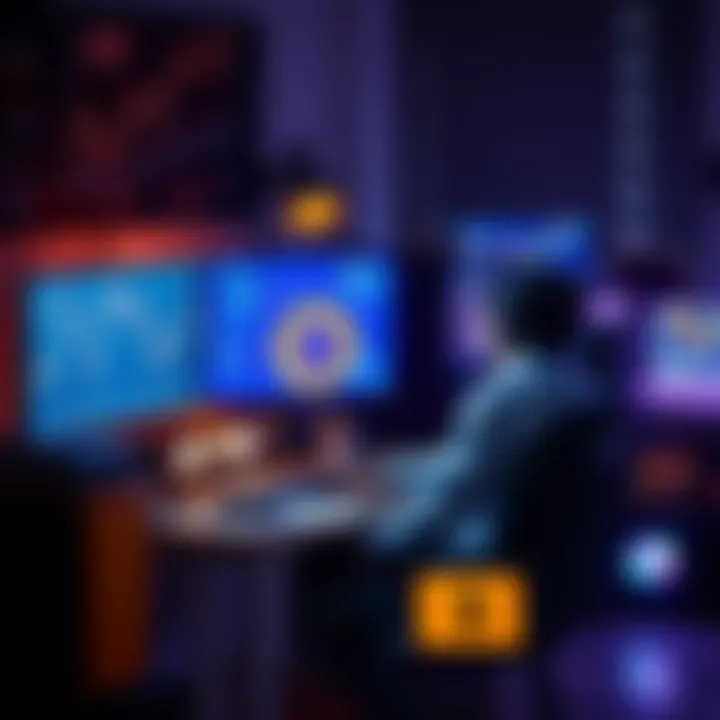 A person sitting at a computer running software to support the Bitcoin network, surrounded by cryptocurrency charts and hardware.