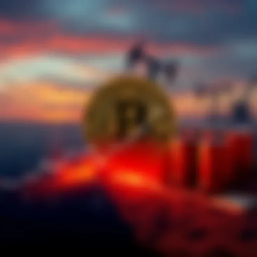 Bitcoin graphic with a rising trend line, oil barrels in background indicating geopolitical tension, and a map of the Strait of Hormuz, symbolizing the recent events causing volatility in the market.