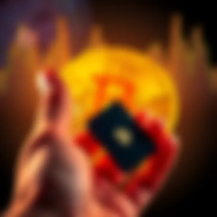 A hand holding a Ledger Nano S Plus with Bitcoin symbol in the background