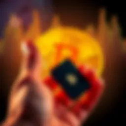 Bitcoin on a Ledger A hand holding a Ledger Nano S Plus with Bitcoin symbol in the background