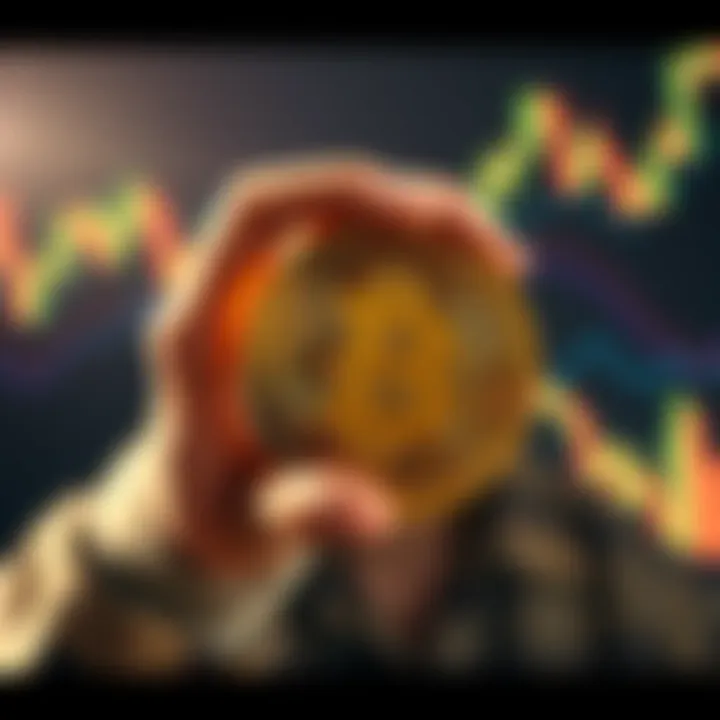 A person holding a Bitcoin symbol, celebrating the milestone of owning 0.1 BTC, with fluctuating market graphs in the background.
