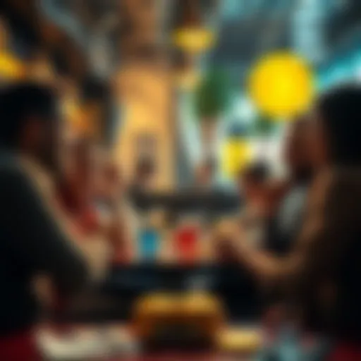 A group of people sharing stories about their Bitcoin investments at a café, showing enthusiasm and engagement.