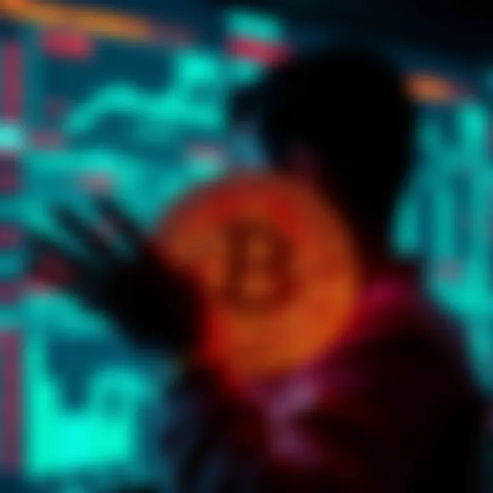 A digital representation of Bitcoin with a person looking at a screen showing Bitcoin values, symbolizing the illusion of owning digital currency.
