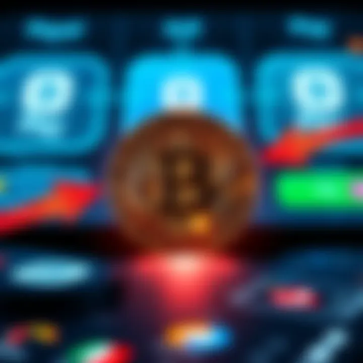 A graphic showing Bitcoin symbol with arrows indicating fast money transfer online, against a backdrop of digital payment apps.