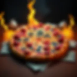 A large pizza with Bitcoin symbols and money around it, symbolizing Bitcoin Pizza Day.