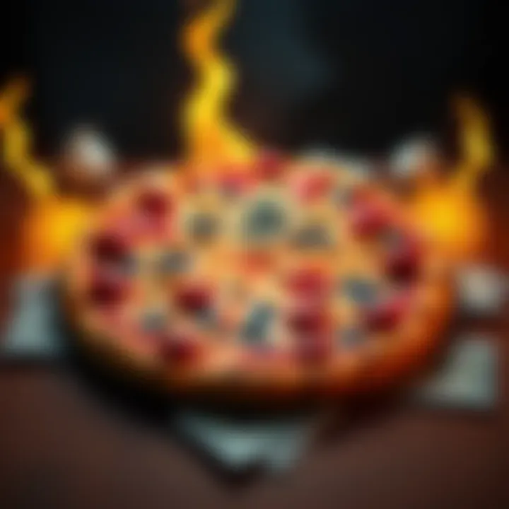 A large pizza with Bitcoin symbols and money around it, symbolizing Bitcoin Pizza Day.