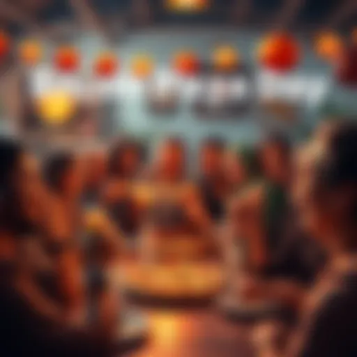 A festive gathering with people enjoying pizza and celebrating Bitcoin Pizza Day, showing joy and community spirit.