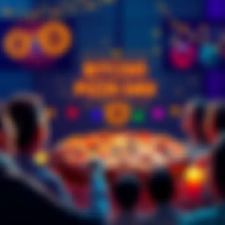 A festive scene featuring two pizzas with bitcoin symbols, surrounded by people sharing stories about their crypto experiences, emphasizing community and engagement.