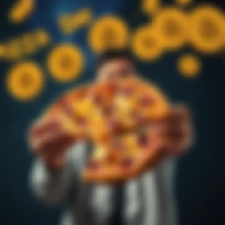 Celebrating Bitcoin Pizza Day A person holding two pizzas with Bitcoin symbols in the background, celebrating the 16th anniversary of Bitcoin Pizza Day.