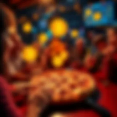 Celebrating Bitcoin Pizza Day People enjoying pizza while celebrating Bitcoin Pizza Day with Bitcoin logos around