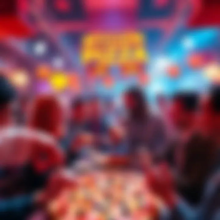 A festive atmosphere showcasing people enjoying pizza and celebrating Bitcoin Pizza Day with decorations and smiles.