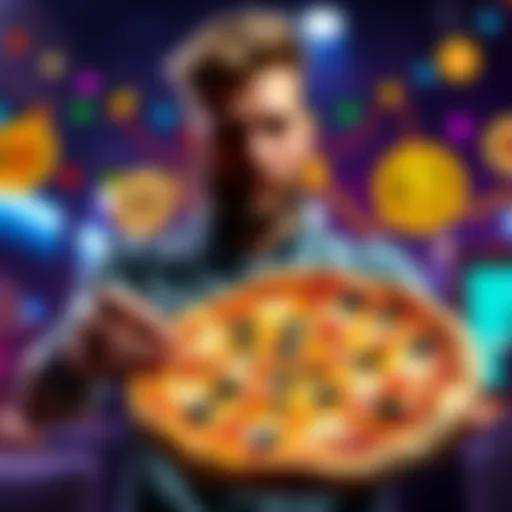 A person holding a pizza with Bitcoin symbols around, representing the famous Bitcoin Pizza Day transaction.