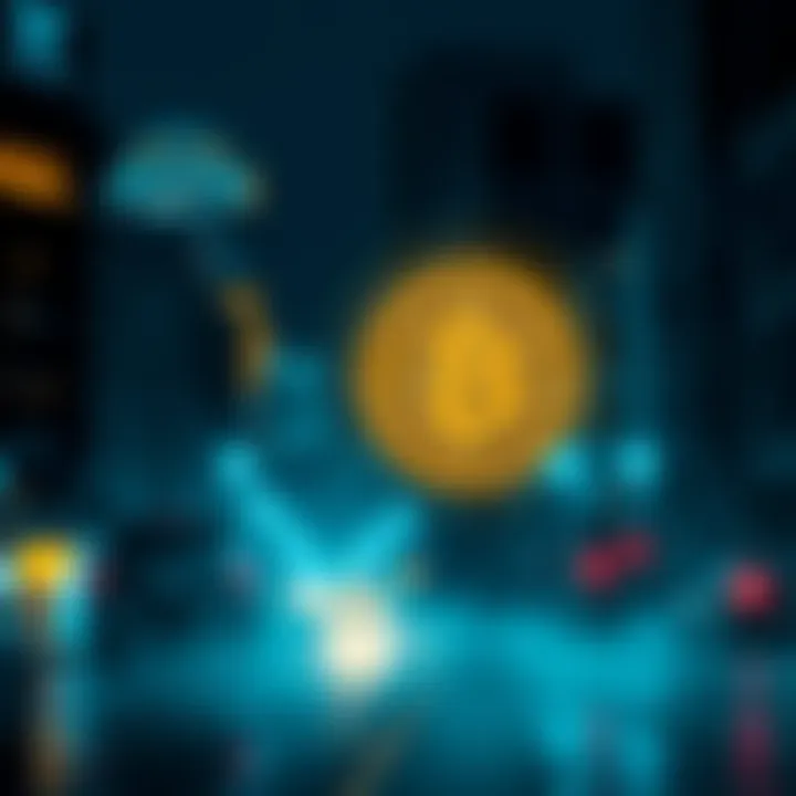 A Bitcoin symbol stands out in a dark cityscape with no lights, symbolizing its value during a global disaster.