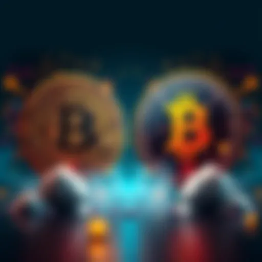 A split image showing Chat GPT's Bitcoin prediction at 100k on one side and Google Gemini's forecast over 1 million on the other, with contrasting visual elements representing each model.