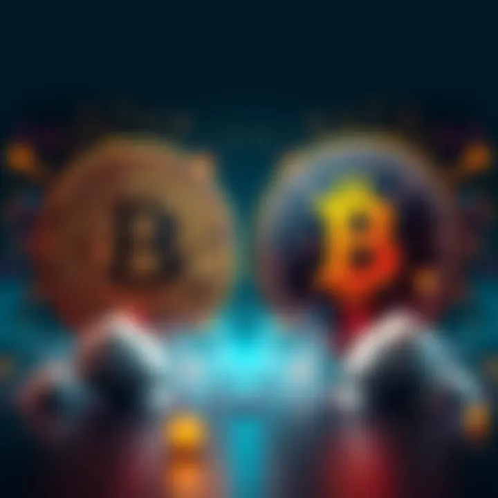 A split image showing Chat GPT's Bitcoin prediction at 100k on one side and Google Gemini's forecast over 1 million on the other, with contrasting visual elements representing each model.