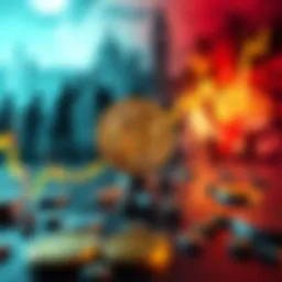 A Bitcoin price chart showing a decline with symbols of geopolitical tensions in the background, representing market instability.