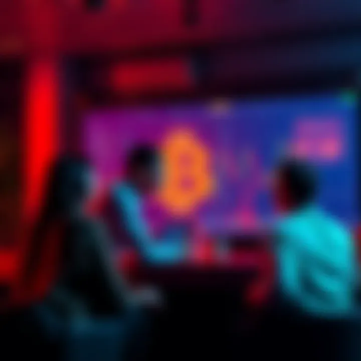 A group of people discussing Bitcoin investment prices with charts and graphs on a screen