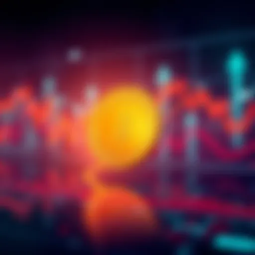 A graphic showing a downward trend in Bitcoin prices with a Bitcoin symbol and stock market elements