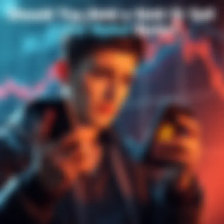 A person looking worried while checking Bitcoin prices on a smartphone, with a downward trend chart in the background.