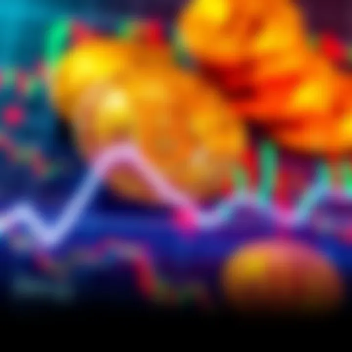 Bitcoin value decline A downward trend line representing Bitcoin's price drop, with a background of coins and graphs showing market changes.