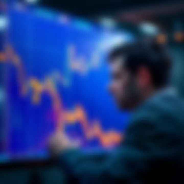 A graph showing a declining trend in Bitcoin prices with downward arrows and a worried investor looking at the screen.