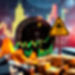 A graph showing Bitcoin's value dropping significantly with a warning sign indicating financial risks.