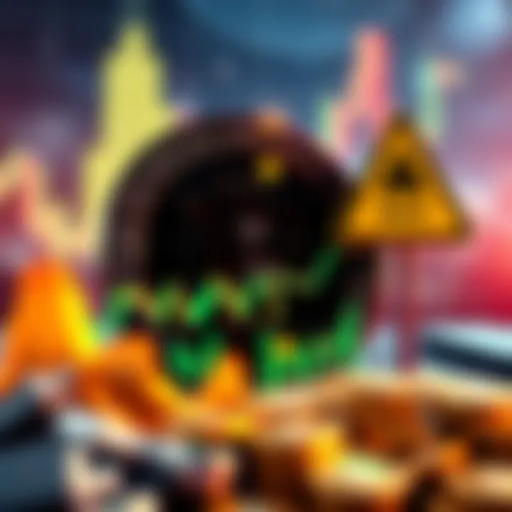 A graph showing Bitcoin's value dropping significantly with a warning sign indicating financial risks.